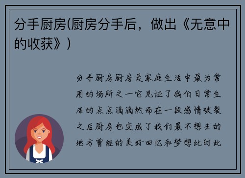 分手厨房(厨房分手后，做出《无意中的收获》)